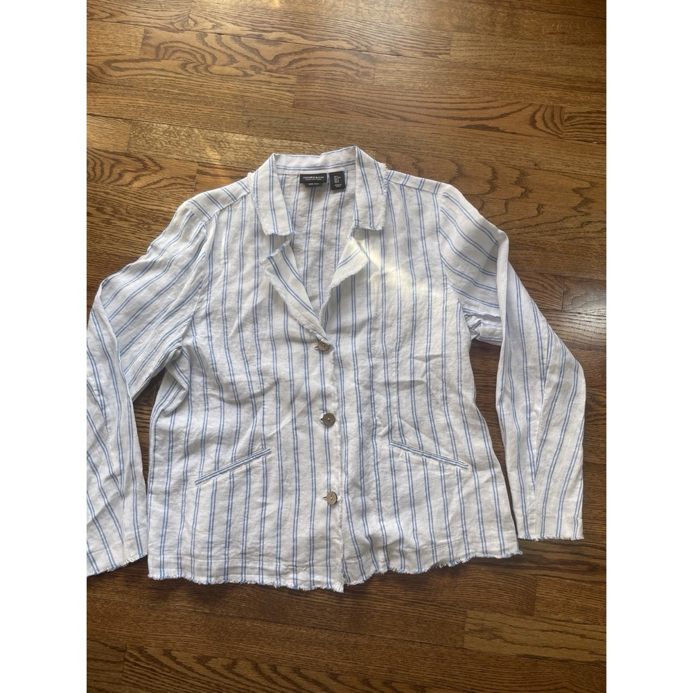 Jones New York Women's 100% Linen Blazer Jacket Size L White Blue Striped EUC
